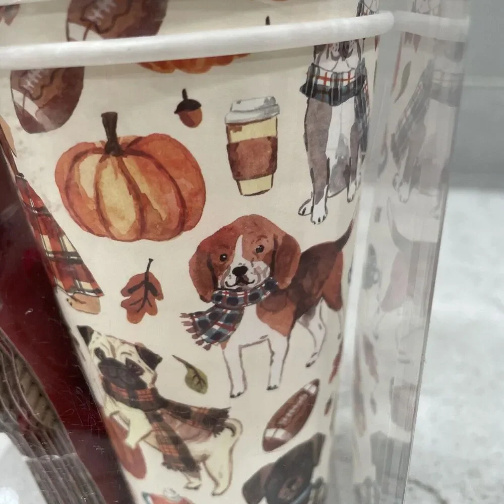 FALL DOGS Set of 12 Travel 16oz Disposable Cups Lids Sleeves Football Pumpkins